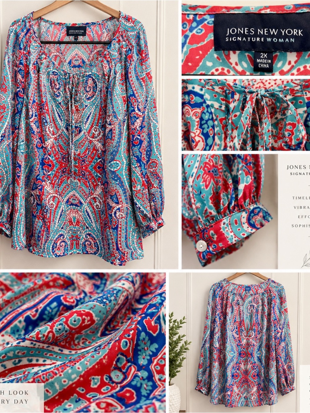 Jones New York Signature Woman 2X Paisley Long Sleeve Blouse